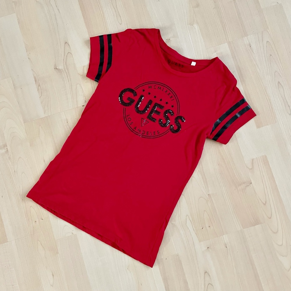 Guess Sequin Logo Red Short Sleeve Shirt